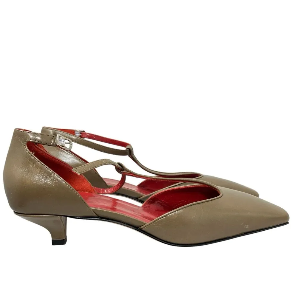 J Crew T-Strap Italian Leather Kitten Heels Womens 7.5 Aged Taupe‎ CR930